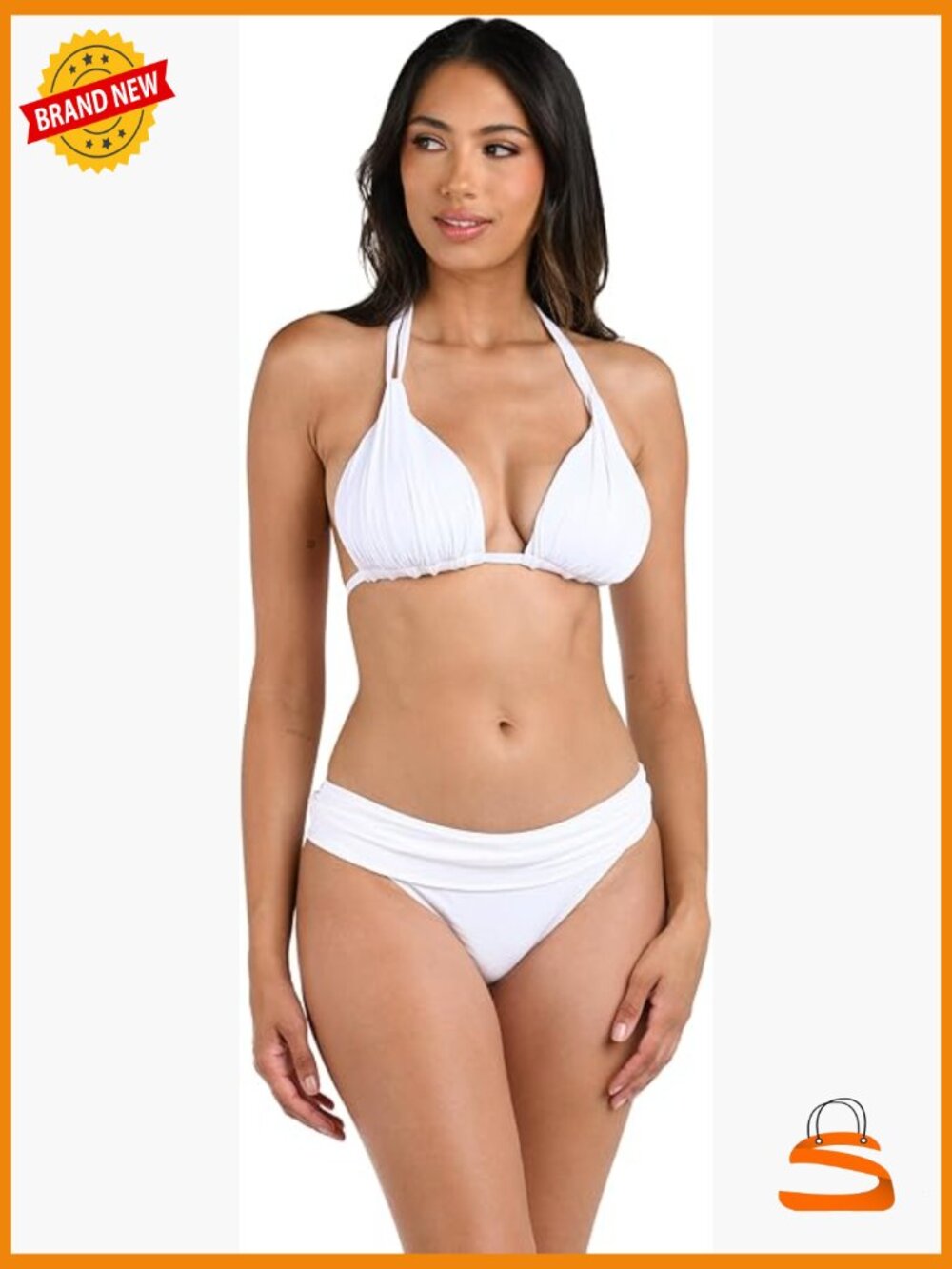 White Halter Bikini Top Size 8 Adjustable Straps Rouched Nylon Blend